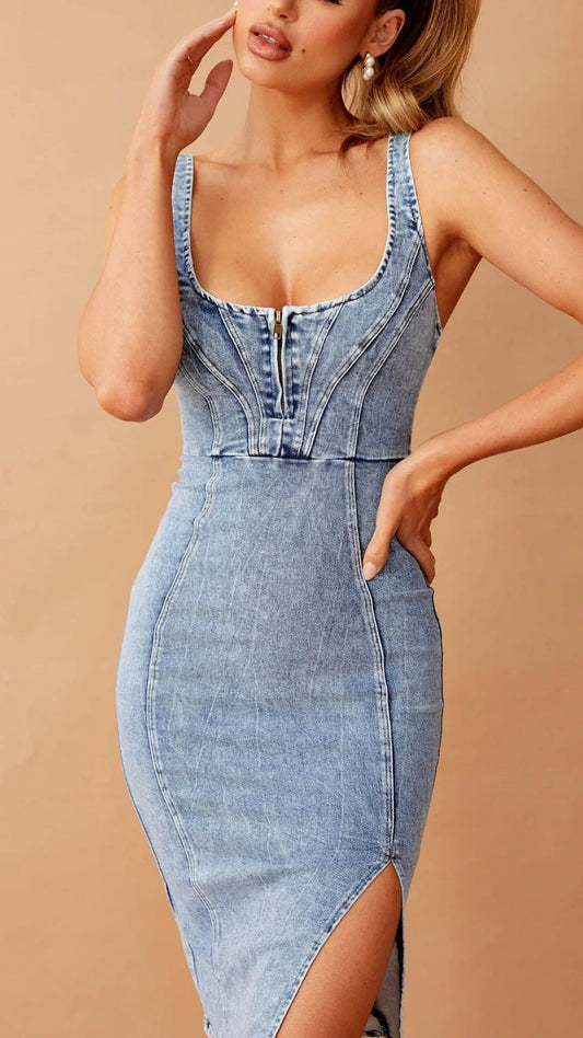 Abito midi in denim con spacchi e impunture di Toperth