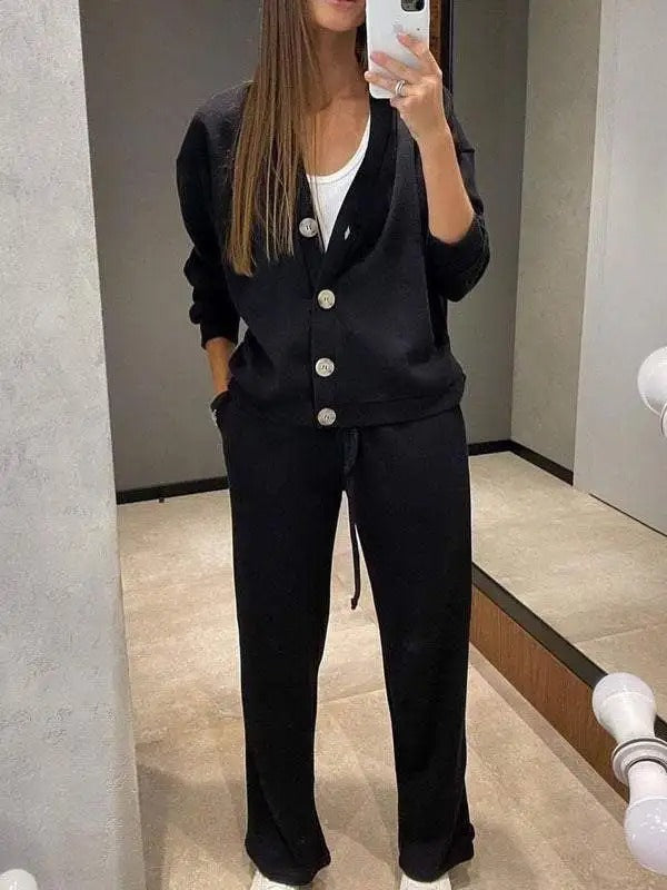 Ava - Completo giacca e pantaloni in maglia da donna in due pezzi con bottoni